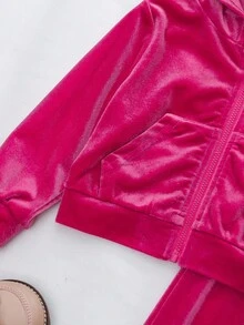 SHEIN 女婴天鹅绒长袖连帽外套和松紧腰裤套装，时尚可爱女婴运动服亲子装套装，宝宝街头风母子装，3岁女婴套装 - 玫紅色 - 查看 4