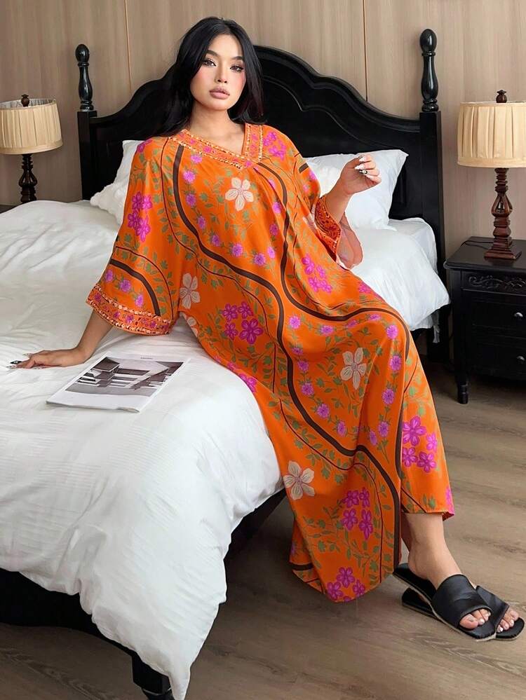 Dazy Plus Plus Size Women's Floral Print V-Neck Loose Batwing Sleeve Early Autumn Nightgown, Moo Moo Night Dress