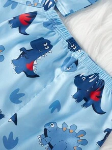 2pcs Young Boy Cute Dinosaur Print Short Sleeve Cardigan And Pants Casual Pajama Set
