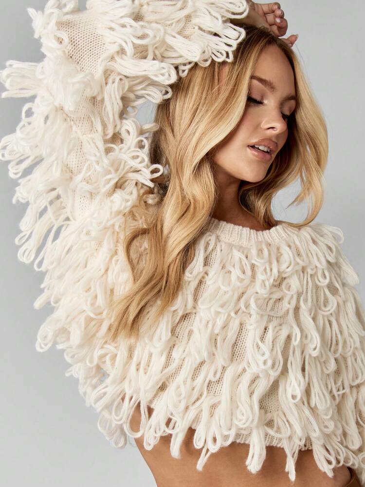 MISSGUIDED 럭셔리 루프 니트 크롭 스웨터 가을 겨울 청키 프린지 보헤미안 오버사이즈 드롭 숄더 긴소매 코지 풀오버