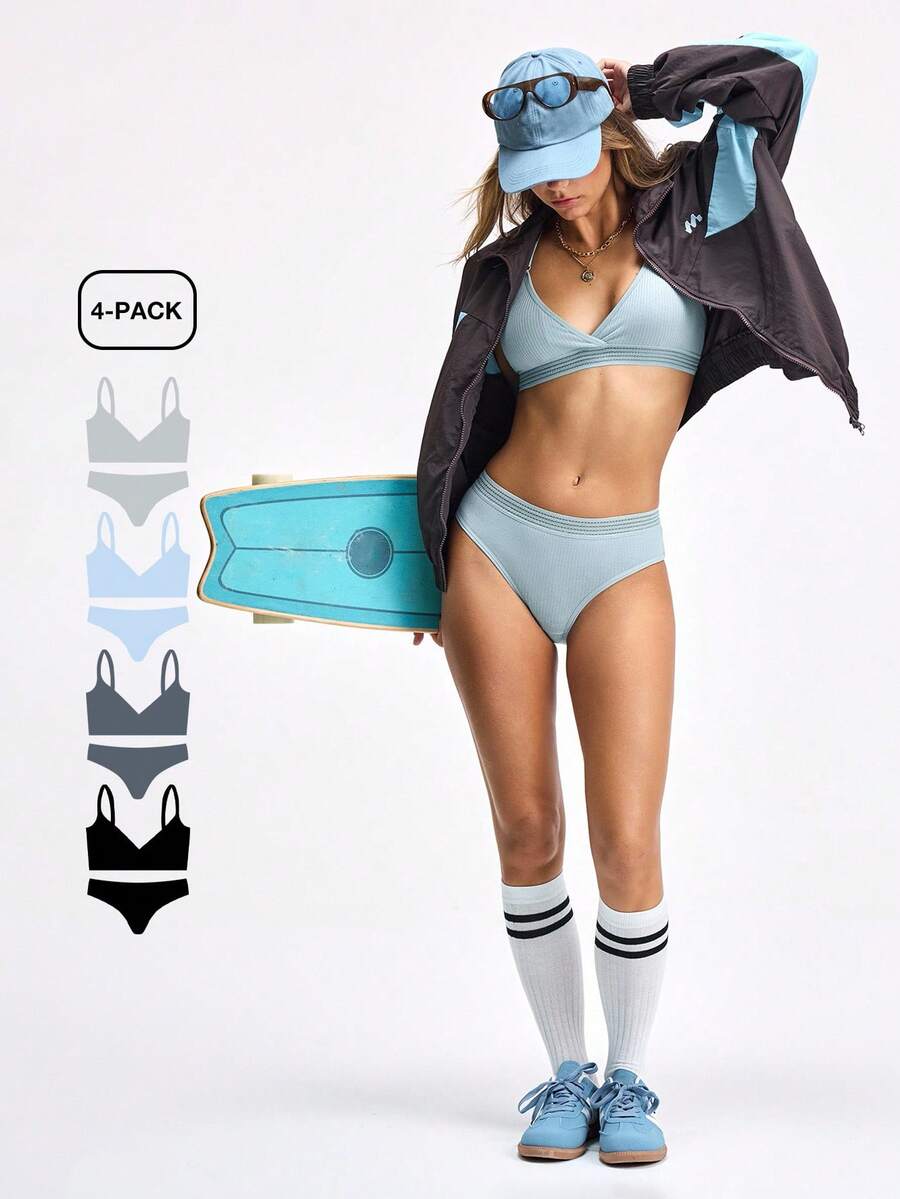 LOUNGEISTA 4件套纯色罗纹简约休闲无钢圈透气运动文胸内裤女士内衣套装，运动文胸和内裤套装 - 彩色 - 查看 1