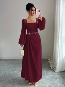 Elenzga Elegant Romantic Pearl Decor Waist Fit & Flare Crew Neck Long Sleeve Dress, Suitable For Party And Gathering - Burgundy - View 3