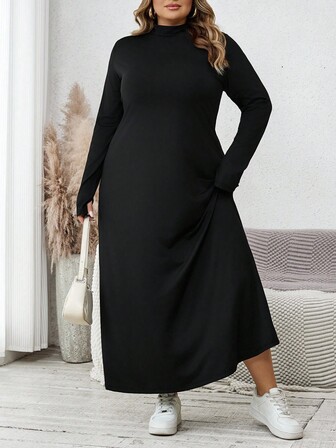 SHEIN CURVE+ Plusstorlek Elegant Enfärgad Höghalsad Långärmad Slim-Fittande Klänning För Damer, Vår- Och Höstlångklänning, Svart Långklänning, Sexig Vinterlångklänning, Långärmad Långklänning, Avslappnad Basklänning