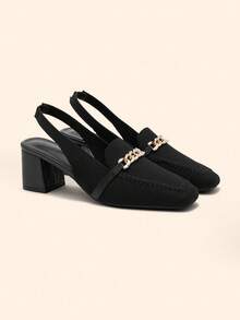 CUCCOO BASICS Sepatu Flat Wanita Model Slingback Hak Rendah Ujung Persegi dengan Tali Rantai Hitam, Cocok untuk Bepergian, Kencan, Pesta, dan Liburan - Hitam - View 3