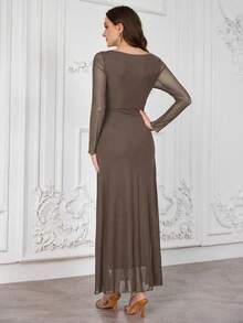 Modelyn 女士网眼长袖褶皱腰连衣裙酒红色长款女士长款晚礼服 - 咖啡 - 查看 3