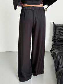 SHEIN EZwear NEW Autumn Clothes Old Money Women's Social Pant Women's Fashionable Black Woven Wide Leg Suit Pants With Pockets