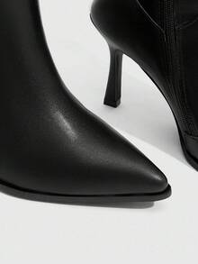 CUCCOO SZL 女式尖头细跟及膝靴，带侧拉链和带扣装饰，PU 材质，黑色 - 黑色 - 查看 6