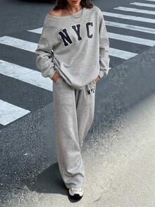 SHEIN Tall 2pcs Women NYC Off-Shoulder Loose Sweatshirt And Flared Long Sweatpants Set, Thick Thermal Lined, Suitable For Autumn/Winter Back To School Teacher - Grey - View 12
