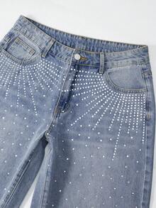 ROMWE 女式休闲宽松纽扣口袋水钻装饰宽松牛仔裤 - 藍色 - 查看 6