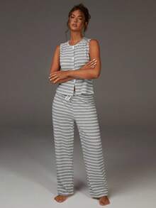 Athîral 女士休闲前扣条纹印花吊带上衣和裤子睡衣套装，居家装 - 淺灰色 - 查看 3