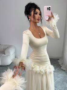 SHEIN PETITE Váy midi ren hoa kiểu Pháp thanh lịch, tay dài, kiểu dáng nhỏ nhắn lãng mạn, mới phổ biến dành cho nữ - Màu be - Xem 3