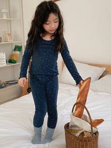 DAZY 2pcs Young Girl Girls Ditsy Floral Long Sleeve Knit Top And Pants Homewear Set, Fall - Navy Blue - View 4