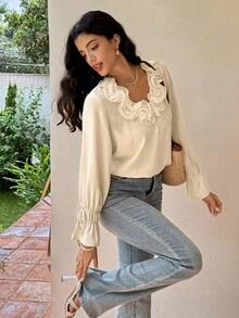 SHEIN Frenchy Women's Solid Color Ruffle Trim Long Sleeve Fashion Blouse, Winter Casual - Apricot - View 6