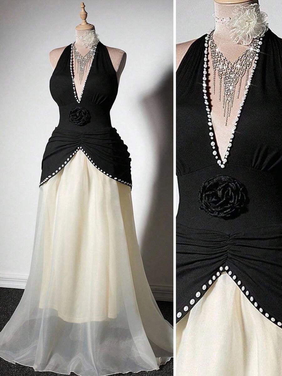 Viva Relle Đầm thời trang buộc cổ không tay họa tiết hoa cỡ lớn 2025 dành cho nữ, thích hợp cho các buổi hẹn hò, tụ họp, tiệc tùng - Đen và trắng - Xem 1