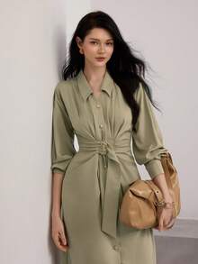 Heiryn Cinched Waist, French Style, High-End, Commuting, New Summer Shirt Dress - Green - View 1