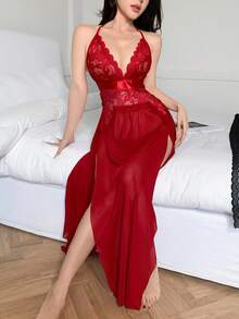 女士性感网状 V 形开衩长睡袍，情人节内衣