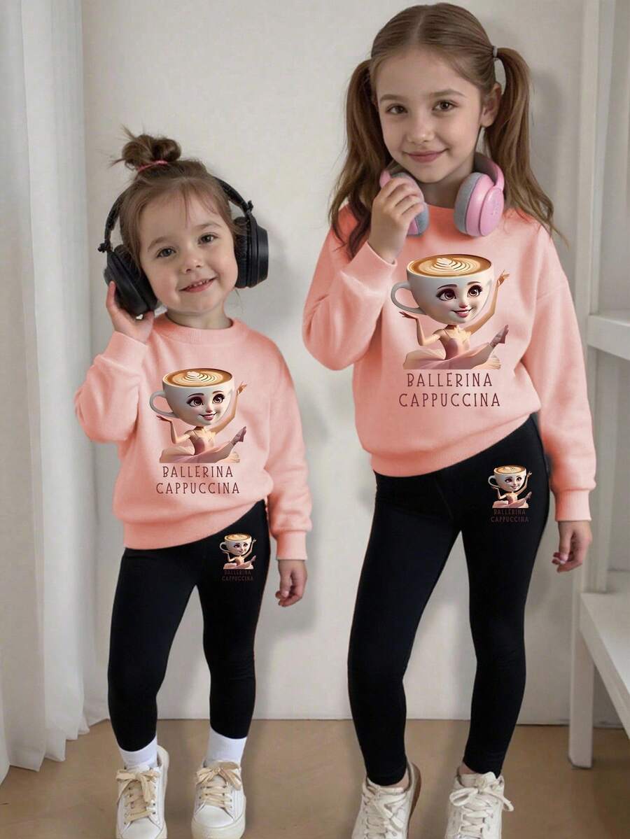 Sparklyn Young Girl Fluffy White Crew Neck Sweatshirt & Leggings Set - Pink - View 1