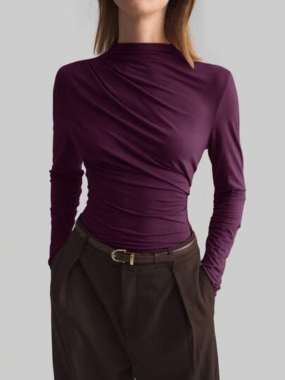 Ontre 2026 Spring/Summer New Women's Solid Color Round Neck Long Sleeve Metal Button Waist Casual Long Sleeve Elegant Commuter Dress, Office Wear, Party Gathering Outdoor Top