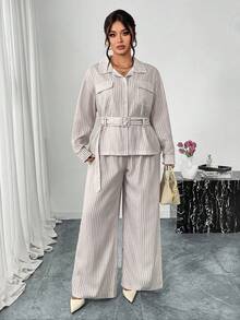 Firerie 2 件套女士亚麻质感条纹商务休闲西装套装，返校装，长袖上衣和裤子条纹套装，休闲通勤西装，度假装，春秋冬，优雅，通勤，休闲，日常，简约，工作装 - 杏色 - 查看 6