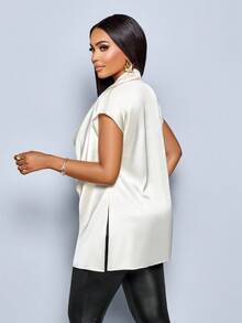 SOLERSUN Women's Elegant Sexy Party Draped Front Batwing Sleeve Satin Blouse,Suitable For Daily Wear And Dating - Apricot - View 2