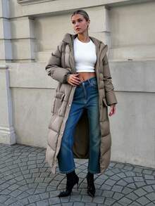 EURMUSE Lange Ärmel Reißverschluss vorn Druckknöpfe Körperklappen Taschen Lang Ärmel Winter Daunenjacke