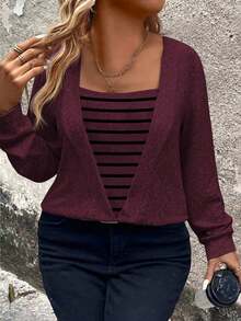 EMERY ROSE Women's Square Collar Striped Deconstructed Sweatshirt, Autumn/Winter - Red Violet - View 7