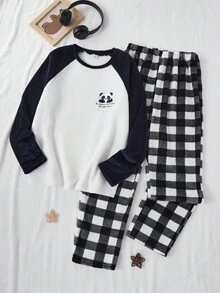 2pcs Teenage Boys Plush Flannel Pajama Set, Panda Embroidery Round Neck Long Sleeve Top And Casual Plaid Flannel Straight Leg Pants, Comfortable Loungewear For Autumn/Winter Fall - Black and White - View 1