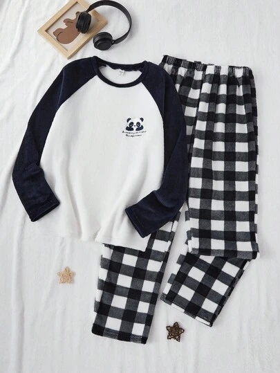2pcs Teenage Boys Plush Flannel Pajama Set, Panda Embroidery Round Neck Long Sleeve Top And Casual Plaid Flannel Straight Leg Pants, Comfortable Loungewear For Autumn/Winter Fall