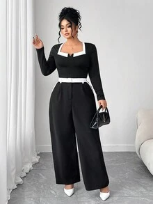 Elenzga Bộ đồ thanh lịch áo dài tay màu tương phản và quần ống rộng xếp ly cho nữ cỡ lớn - Đen và trắng - Xem 6