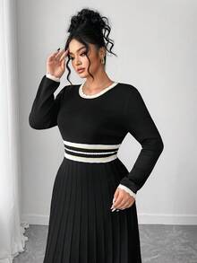 Elenzga Plus Size Women Fitted Elegant Sophisticated Color Block Striped Knit Dress - Black - View 5