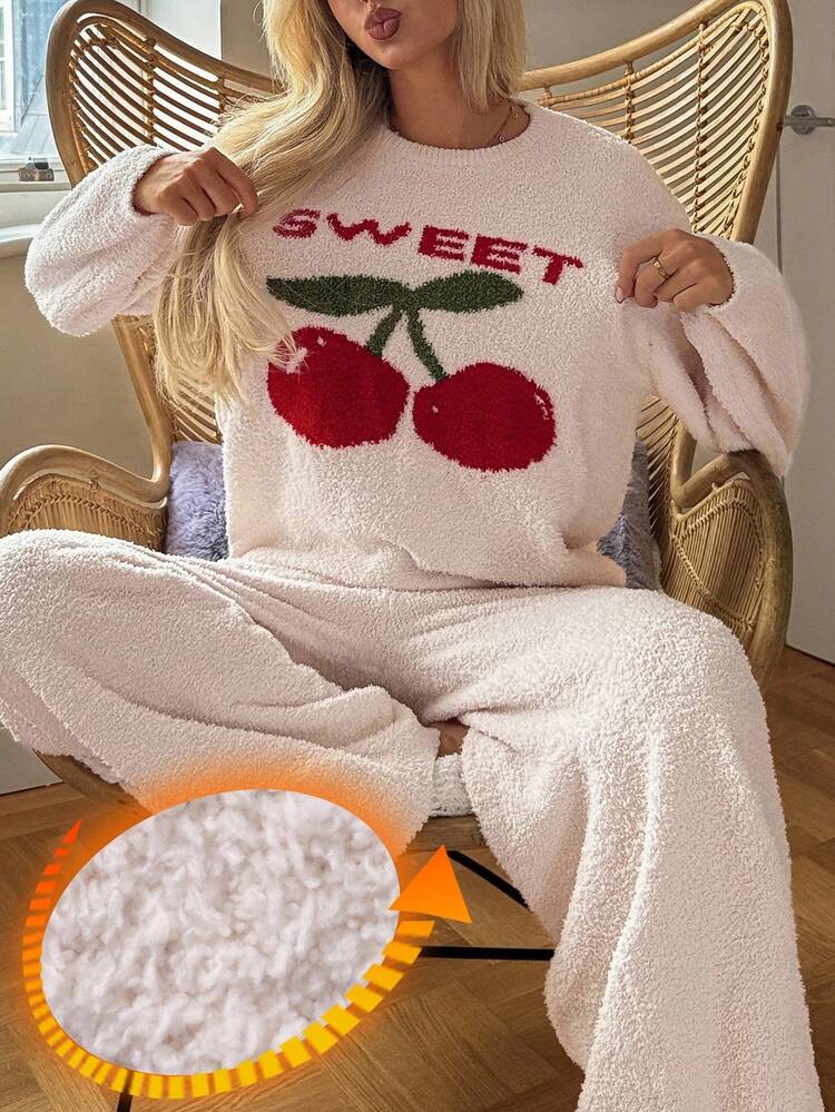 2pcs Cherry Pattern Loose Knit Long Sleeve Top & Pants Pajama Set For Women, Autumn/Winter, Fall Clothes Thermal Lined, Fluffy, Cozy