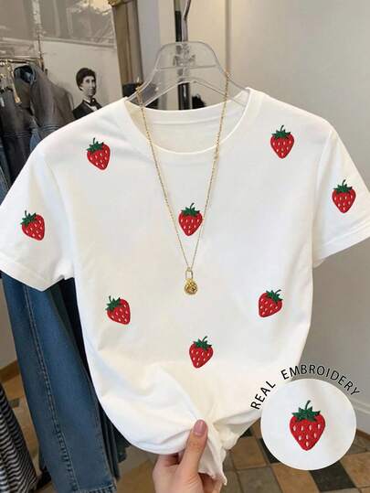 Resyla Camiseta casual de mujer de manga corta y cuello redondo con bordado de fresa