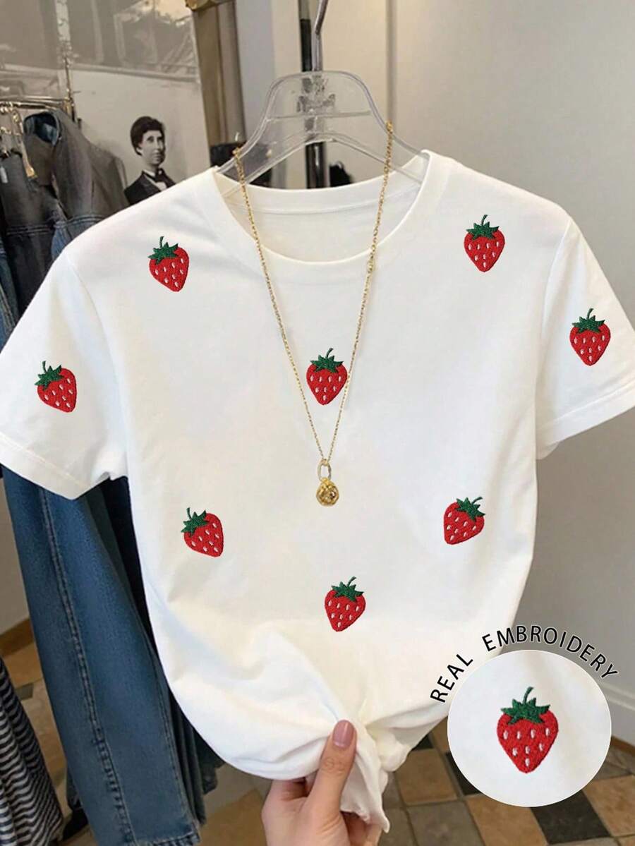 Resyla Camiseta casual de mujer de manga corta y cuello redondo con bordado de fresa - Blanco - Ver 1