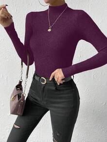 SHEIN 女式纯色圆领插肩袖休闲罗纹针织套头衫 - 中紫紅色 - 查看 4
