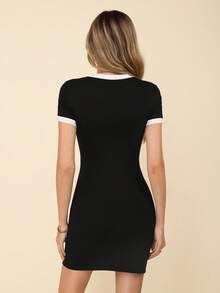 Coeurva 女士2021春夏季對比色領口袖口舒適彈性透氣美式休閒時尚通勤百搭顯瘦連衣裙 - 黑色 - 查看 5