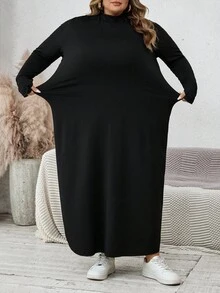 SHEIN CURVE+ 大码优雅纯色高领长袖修身连衣裙女春秋长裙黑色长裙性感冬长裙长袖长裙休闲基本款连衣裙 - 黑色 - 查看 4