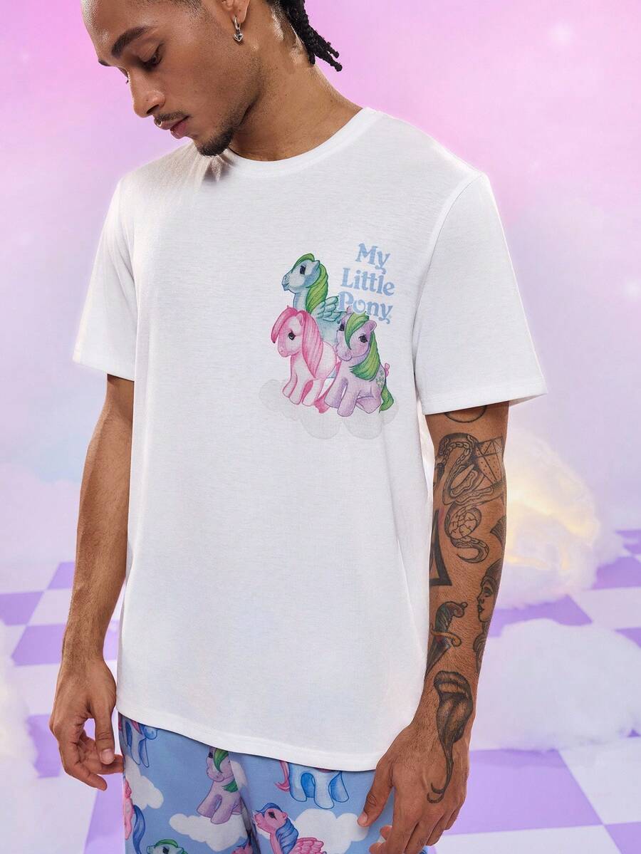 My Little Pony X SHEIN 男士字母和迷你马印花圆领短袖T恤，夏季 - 彩色 - 查看 1