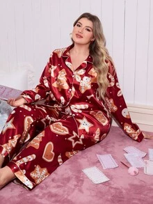 SweetSlumber Pijama de manga larga con cuello vuelto y estampado de árbol de Navidad de galletas, talla grande, ropa cómoda para otoño