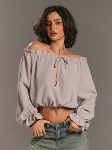 Aloruh 露肩荷叶边饰前系带优雅衬衫，适合休闲和通勤穿着 - 卡其色 - 查看 3