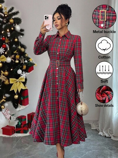 Elenzga Ladies' Elegant And Romantic Woven Tartan Plaid Vacation Party Autumn Long Dress, Christmas