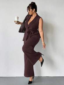 Firerie Plus Size Women Solid Color Shawl Collar Belted Sleeveless Blazer And Pants Casual Commuter 2 Pieces Set Brown Jumpsuit Women Plus Size Formal Jumpsuit Brown Two Pieces Set Women 2 Piece Sets Woman Classy Maternity Clothes Two Pieces Suits Autumn Winter Clothes For Women Brown Two Piece Set Women Maternity Clothes Two Piece Suits