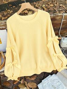 Firerie Suéter holgado de punto con decoración de lazo hueco, suéter holgado y lindo de talla grande en beige/invierno - Amarillo - Ver 1