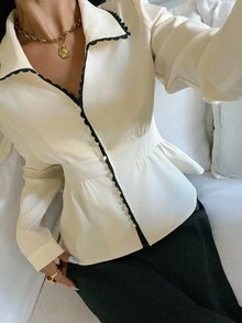 Serisse Elegant Black And White Contrast Trim Puff Sleeve Fitted Shirt For Women,Autumn Waist-Cinching Peplum Hem Blouse,Business Casual Tea Party Office Tops - Apricot - View 7