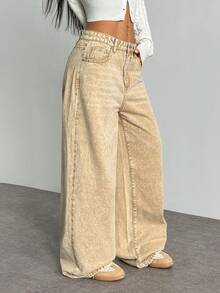 Jeanoix Quần jeans ống rộng lưng thấp giặt thường ngày - Màu Khaki - Xem 4