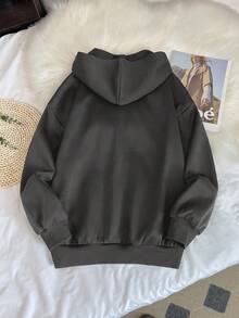 SHEIN 少女深灰色卫衣，口袋设计，百搭休闲，适合上学、十字、万圣节、哥特等场合，秋冬季日常穿着。 - 深灰色 - 查看 2