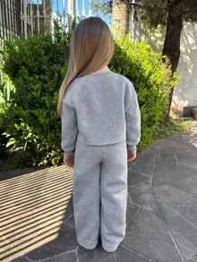 2件套少女纯色心形图案休闲运动衫和紧身裤套装 - 灰色 - 查看 7