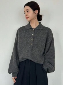 FRIFUL 女式 Polo 领半拉链金属纽扣装饰宽松灯笼袖撞色毛衣 - 灰色 - 查看 3