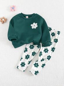 Cozy Pixies 2件套女婴花卉印花针织柔软圆领长袖运动衫和裤子套装 - 綠色 - 查看 4