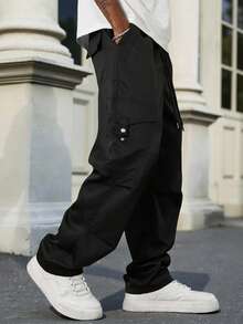 Manfinity CasualCool 男士秋季休闲纯色工装裤 - 黑色 - 查看 3