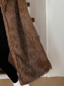 SHEIN EZwear 女式棕色立领长袖口袋长款优雅蓬松人造皮草大衣，秋冬 - 棕色 - 查看 7